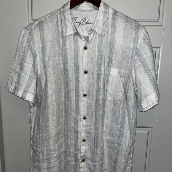 Tommy Bahama Beach Short Sleeve Button Down Shirt, White Purple Green, Medium - Picture 1 of 3